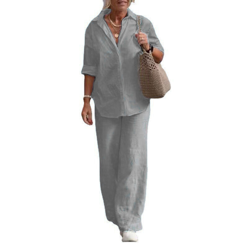 Women's Cotton Linen Polyester Suit Long Sleeve Shirt Loose Pants Set Casual