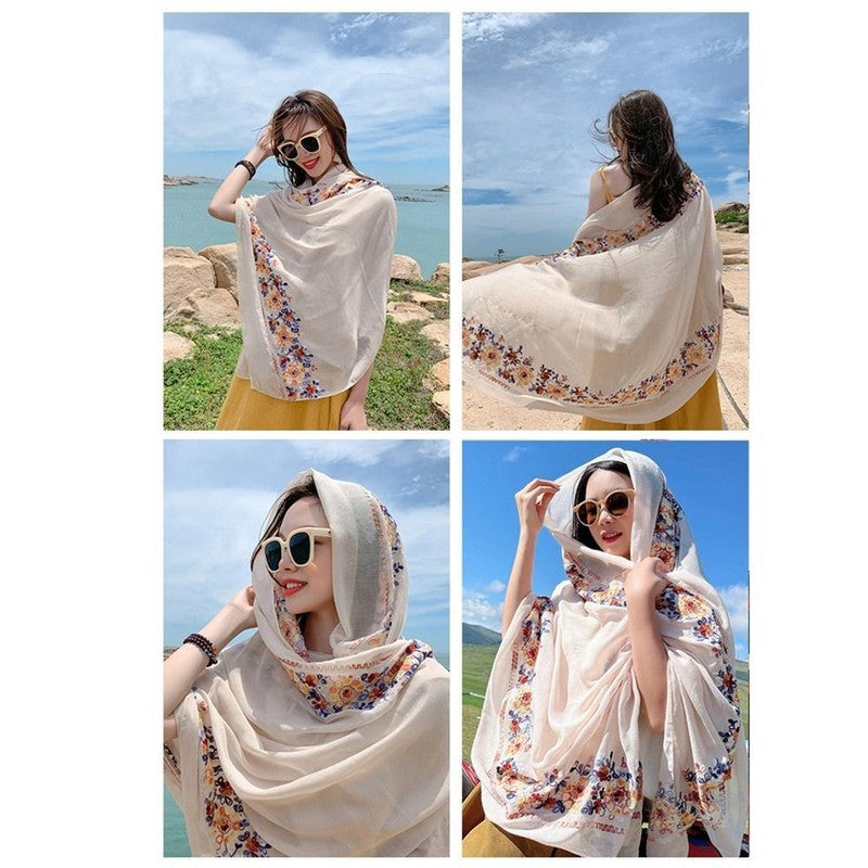 Flower embroidery Women Beach Scarf Cotton Linen Shawls and Wraps