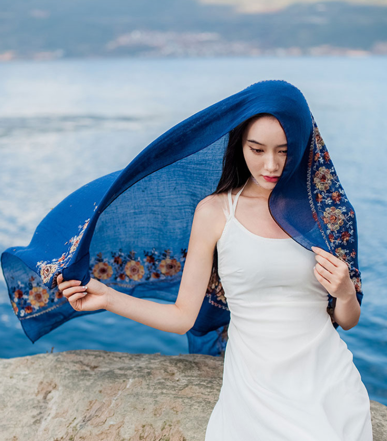 Flower embroidery Women Beach Scarf Cotton Linen Shawls and Wraps
