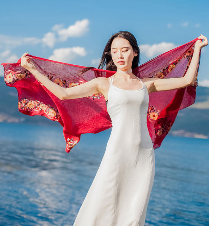 Flower embroidery Women Beach Scarf Cotton Linen Shawls and Wraps