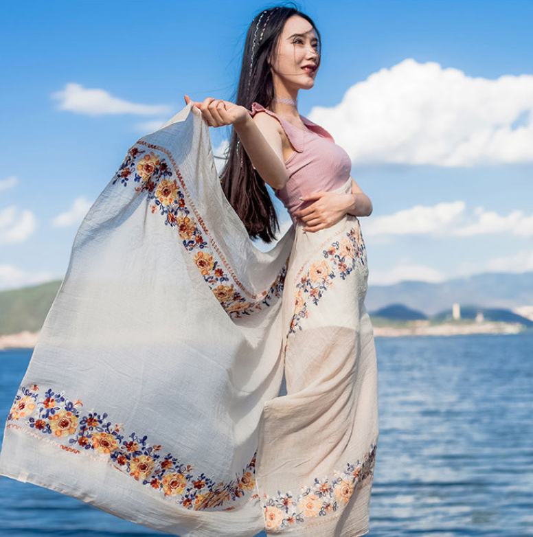Flower embroidery Women Beach Scarf Cotton Linen Shawls and Wraps