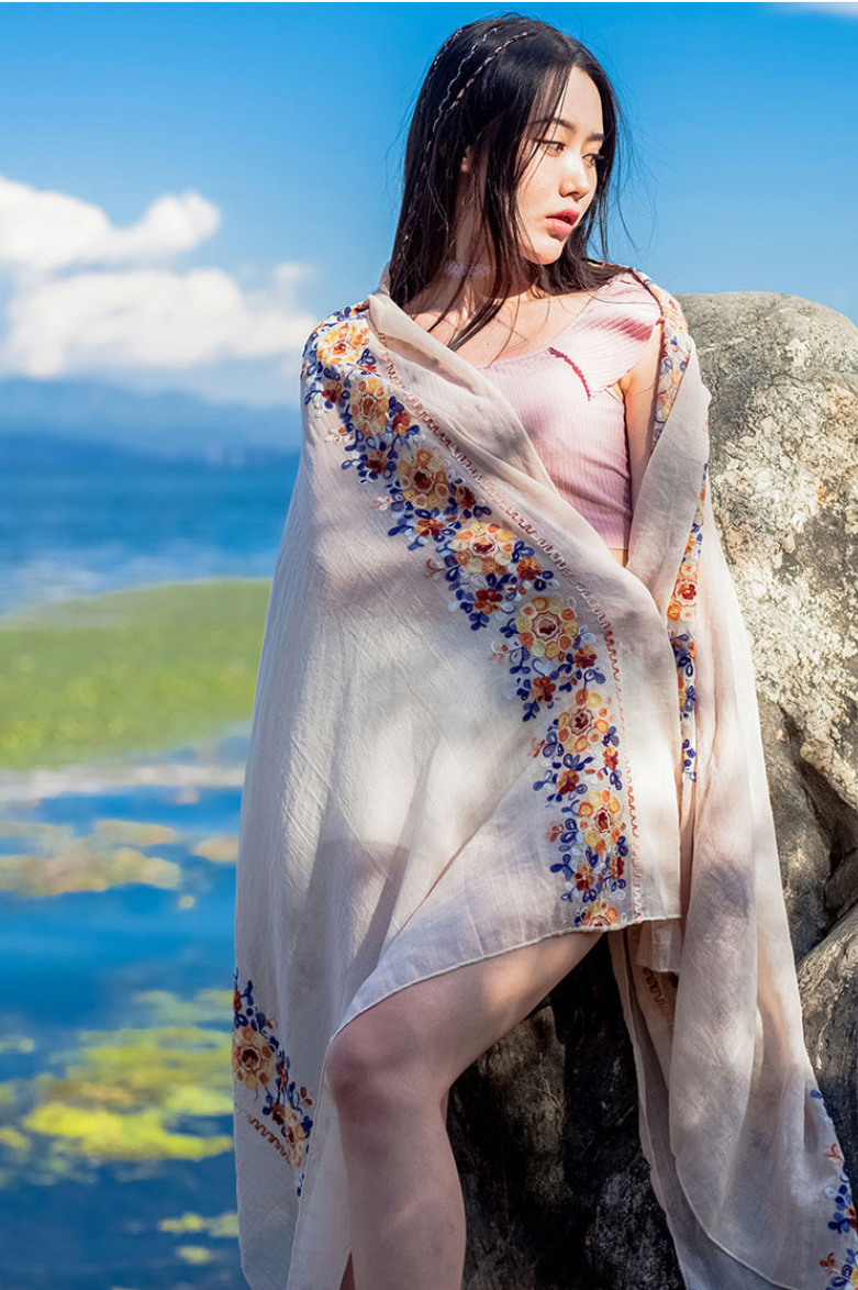 Flower embroidery Women Beach Scarf Cotton Linen Shawls and Wraps