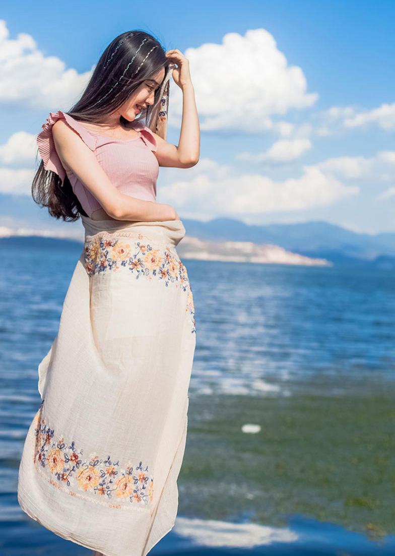 Flower embroidery Women Beach Scarf Cotton Linen Shawls and Wraps