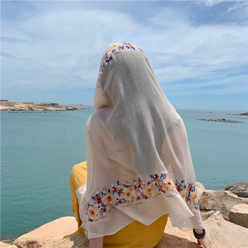 Flower embroidery Women Beach Scarf Cotton Linen Shawls and Wraps