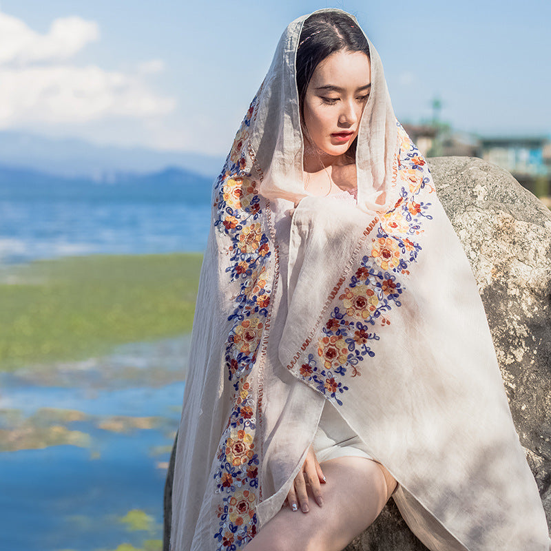 Flower embroidery Women Beach Scarf Cotton Linen Shawls and Wraps