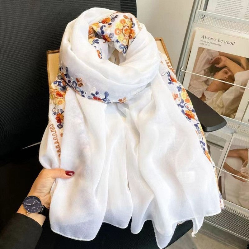 Flower embroidery Women Beach Scarf Cotton Linen Shawls and Wraps