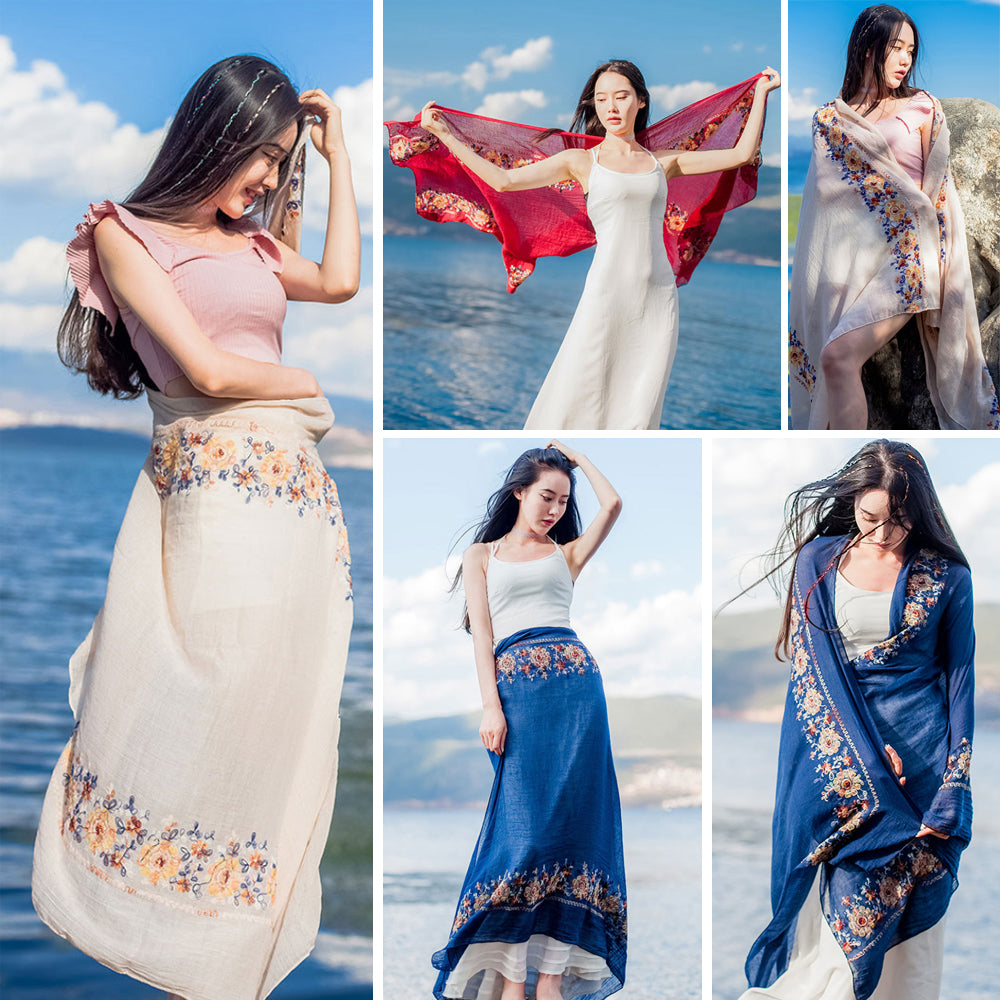 Flower embroidery Women Beach Scarf Cotton Linen Shawls and Wraps