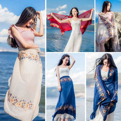 Flower embroidery Women Beach Scarf Cotton Linen Shawls and Wraps