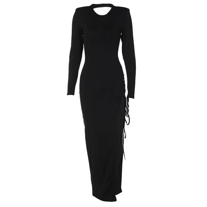 Sexy Long Sleeve Bandage Backless Dress Elegant Party Split Lace Up Dress
