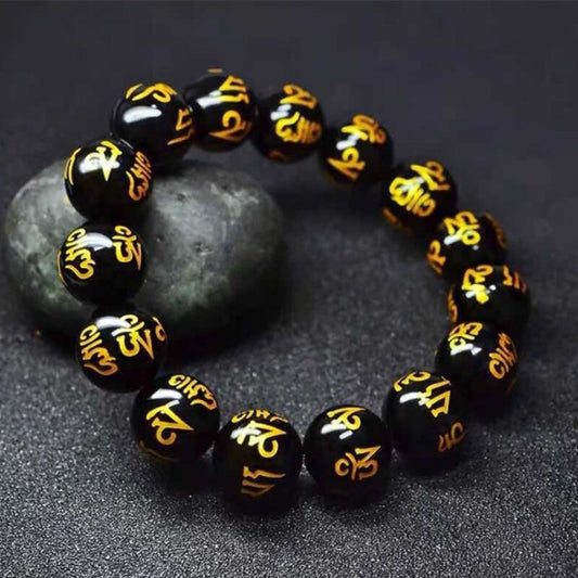 Tibetan Buddhism Six Words Mantra Bracelets For Men Women Black Obsidian Amulet