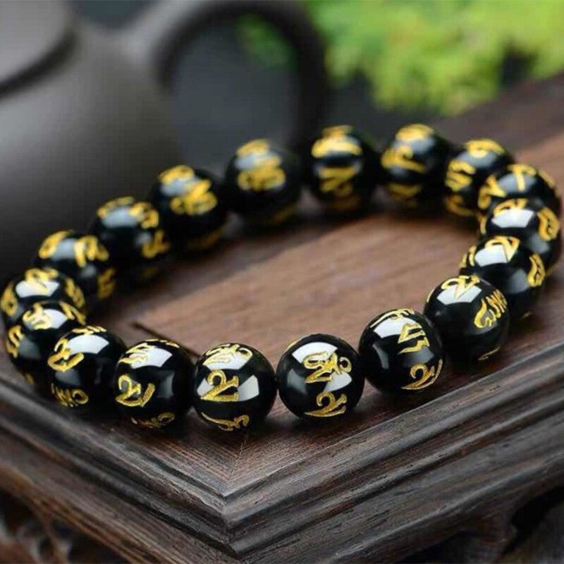 Tibetan Buddhism Six Words Mantra Bracelets For Men Women Black Obsidian Amulet
