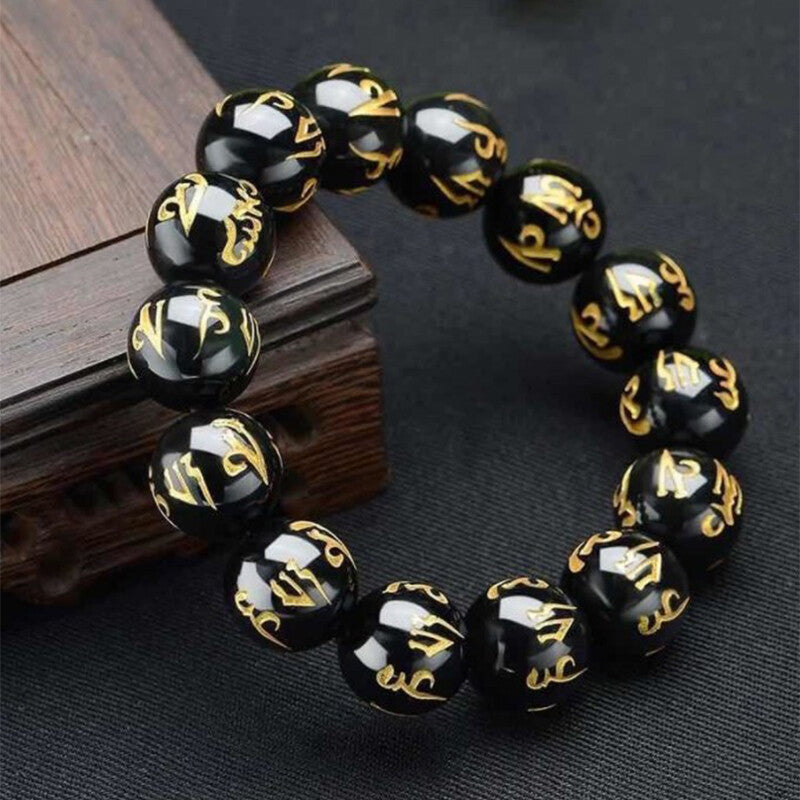 Tibetan Buddhism Six Words Mantra Bracelets For Men Women Black Obsidian Amulet