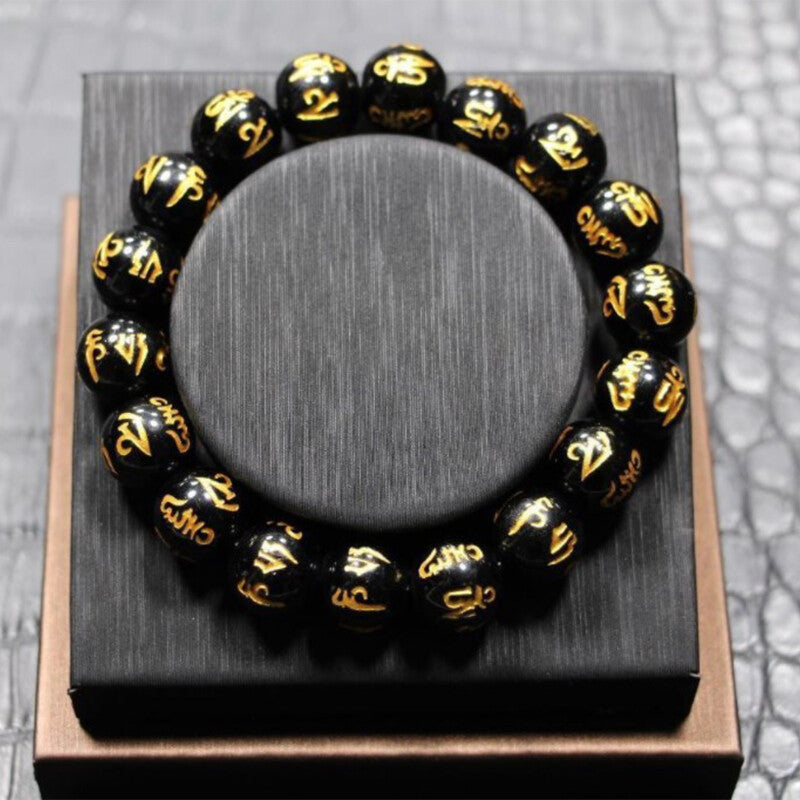 Tibetan Buddhism Six Words Mantra Bracelets For Men Women Black Obsidian Amulet