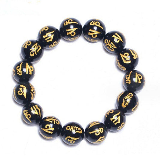 Tibetan Buddhism Six Words Mantra Bracelets For Men Women Black Obsidian Amulet