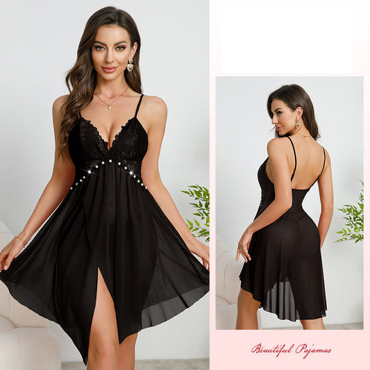 Women Sexy Lingerie Lace Dress Thong Set Underwear Babydoll Teddy Sleepwear Pearl Pajamas BLACK WHITE RED