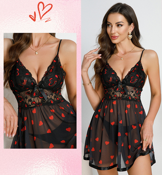 Women Sexy Lingerie Lace Dress Thong Set Underwear Babydoll Teddy Sleepwear  Love pajamas black red