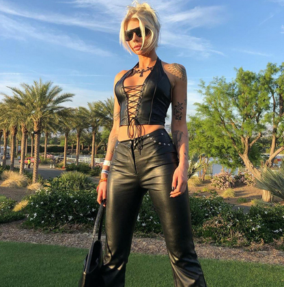 Sexy Lace Up Front Backless PU Leather Black Halter Top Party Clubwear Biker