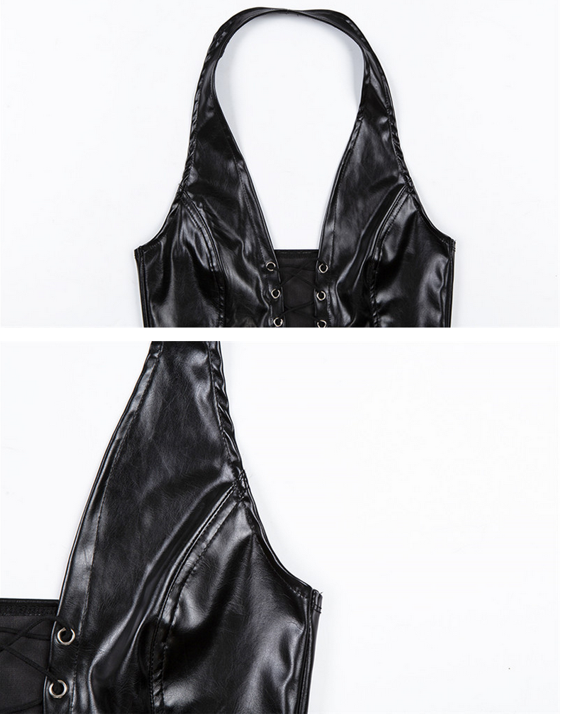 Sexy Lace Up Front Backless PU Leather Black Halter Top Party Clubwear Biker