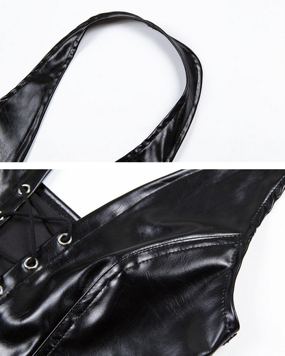 Sexy Lace Up Front Backless PU Leather Black Halter Top Party Clubwear Biker