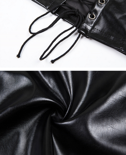 Sexy Lace Up Front Backless PU Leather Black Halter Top Party Clubwear Biker