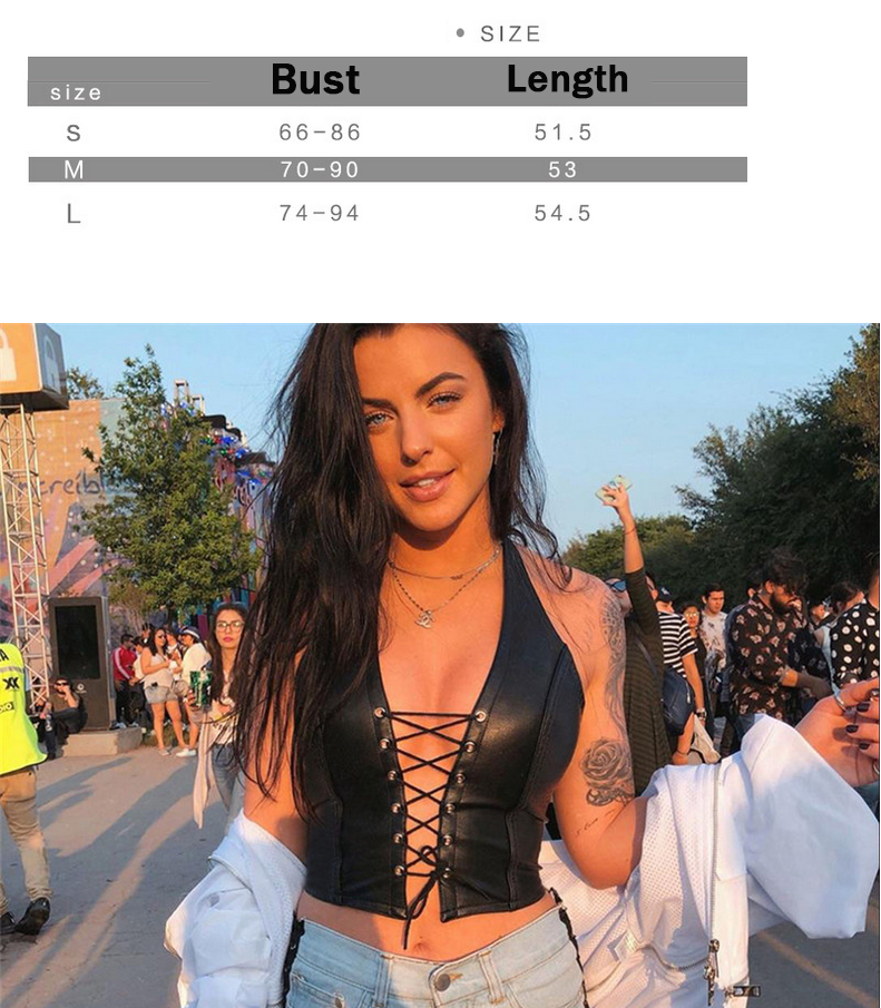 Sexy Lace Up Front Backless PU Leather Black Halter Top Party Clubwear Biker