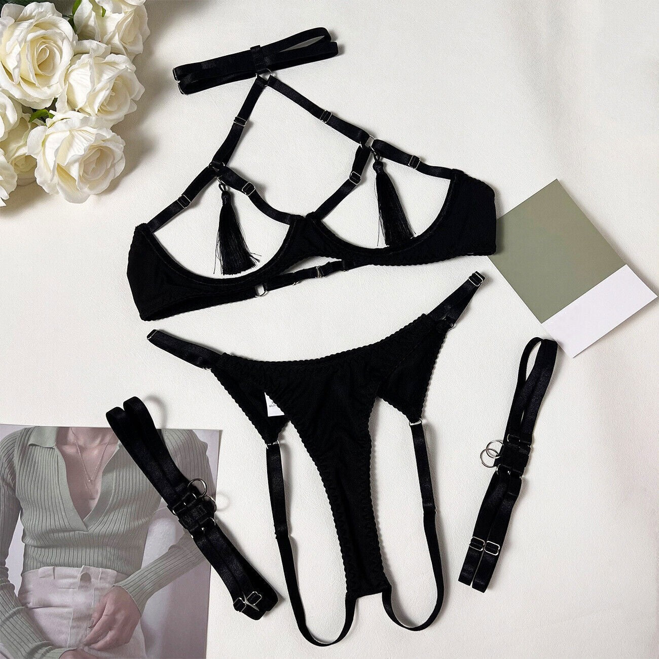 Women's Sexy Nightwear Lingerie Lace Babydoll Bra Thong Set Sleepwear Underwear