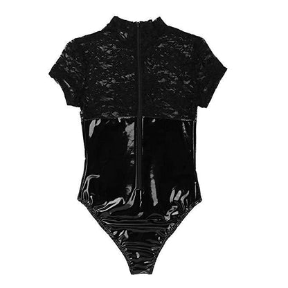Women Babydoll Deep V Mesh PU Leather Bodysuit One Piece Lingerie Teddy Top Bulk sale