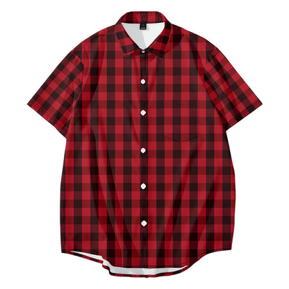 Shirt Mens Red Plaid Loose Short Sleeve Stripe Button Down Gingham Shirts T-xu