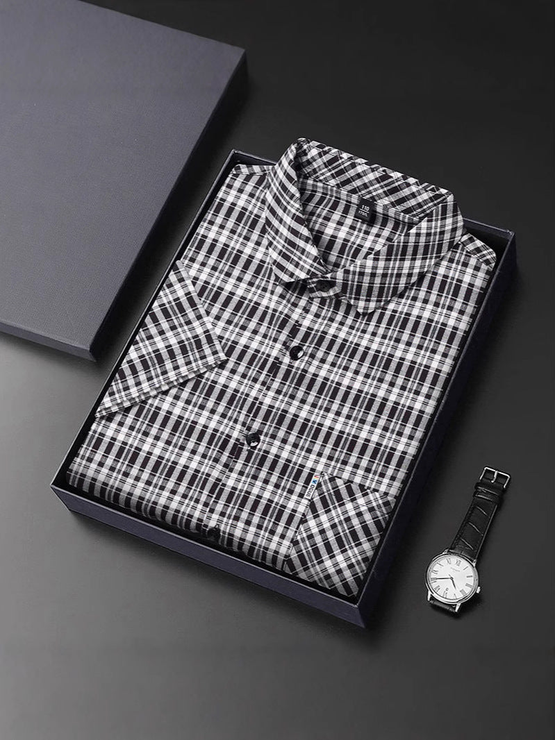New Polo Shirt Men's Slim Plaid Shirt Small Plaid Button Shirt Pocket Office