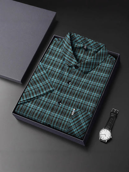 New Polo Shirt Men's Slim Plaid Shirt Small Plaid Button Shirt Pocket Office