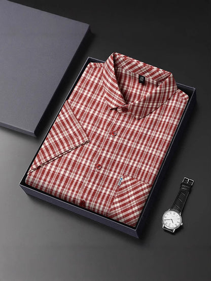 New Polo Shirt Men's Slim Plaid Shirt Small Plaid Button Shirt Pocket Office
