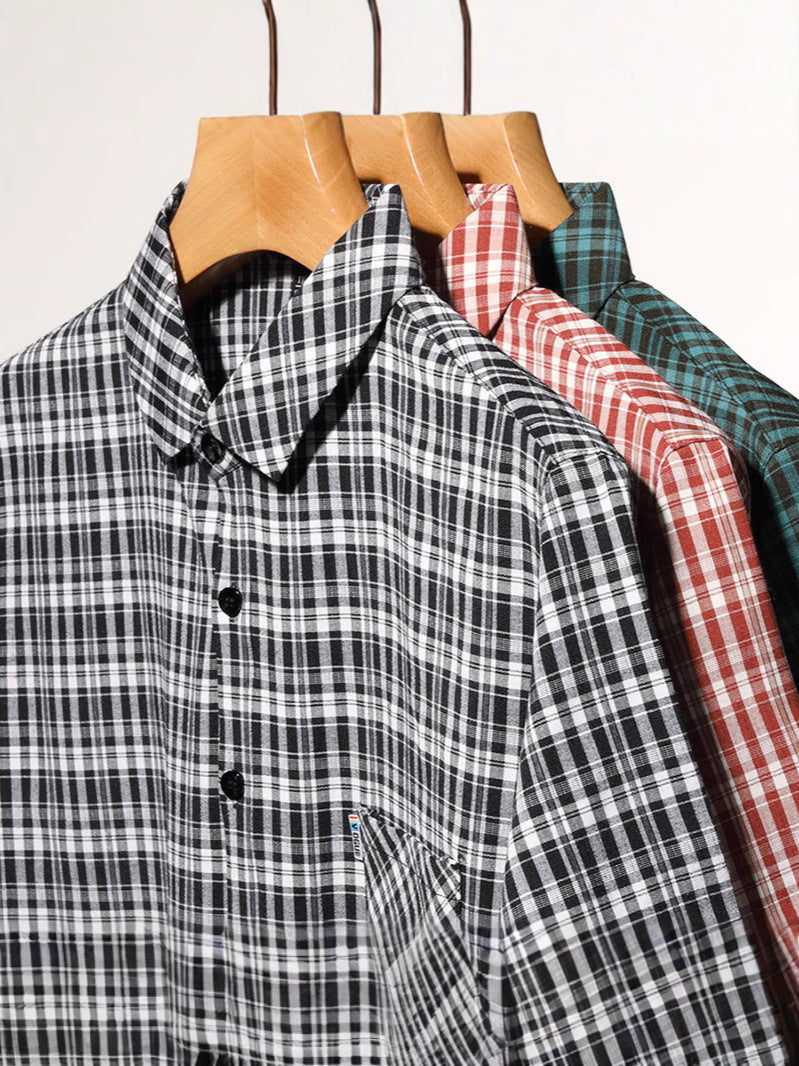 New Polo Shirt Men's Slim Plaid Shirt Small Plaid Button Shirt Pocket Office