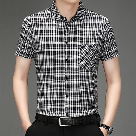 New Polo Shirt Men's Slim Plaid Shirt Small Plaid Button Shirt Pocket Office