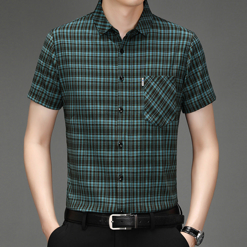 New Polo Shirt Men's Slim Plaid Shirt Small Plaid Button Shirt Pocket Office