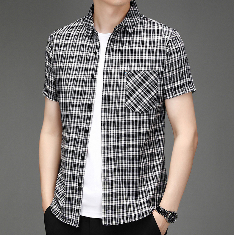 New Polo Shirt Men's Slim Plaid Shirt Small Plaid Button Shirt Pocket Office