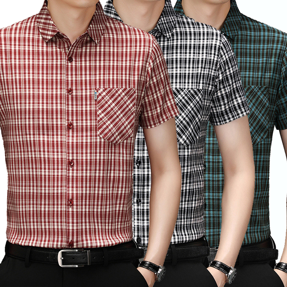 New Polo Shirt Men's Slim Plaid Shirt Small Plaid Button Shirt Pocket Office