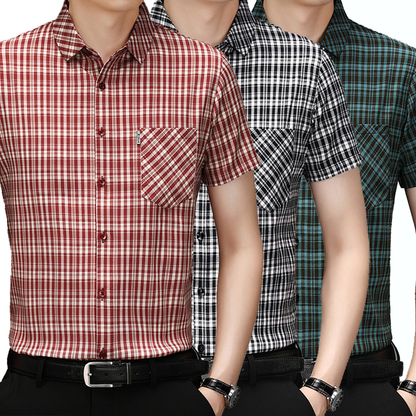 New Polo Shirt Men's Slim Plaid Shirt Small Plaid Button Shirt Pocket Office
