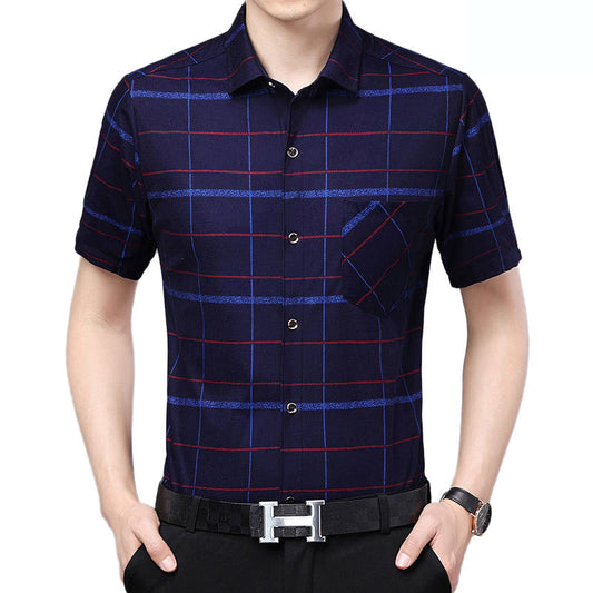 Mens Shirt Plaid Short Sleeve Flip-Cuff Stretch Slim Fit office
