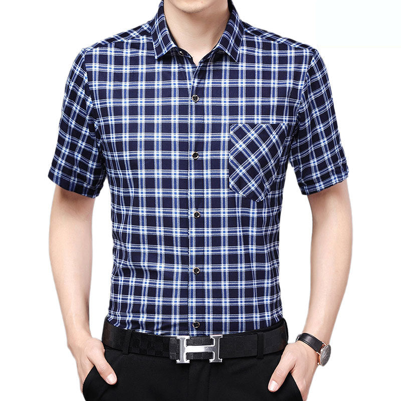 Mens Shirt Plaid Short Sleeve Flip-Cuff Stretch Slim Fit office