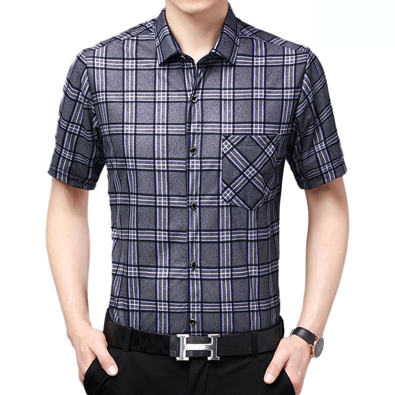Mens Shirt Plaid Short Sleeve Flip-Cuff Stretch Slim Fit office