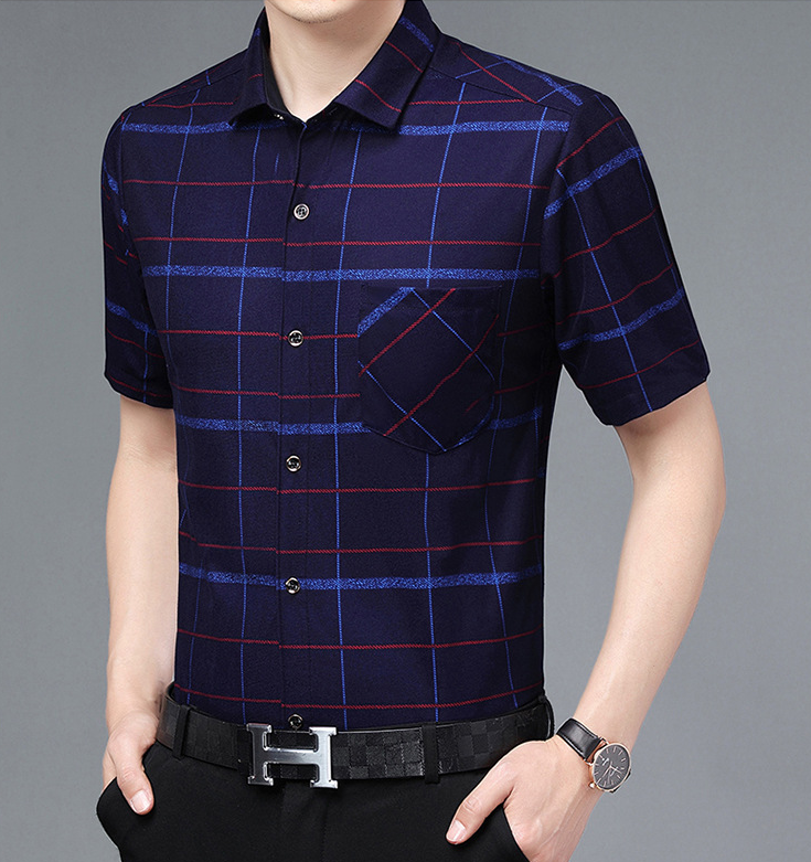Mens Shirt Plaid Short Sleeve Flip-Cuff Stretch Slim Fit office