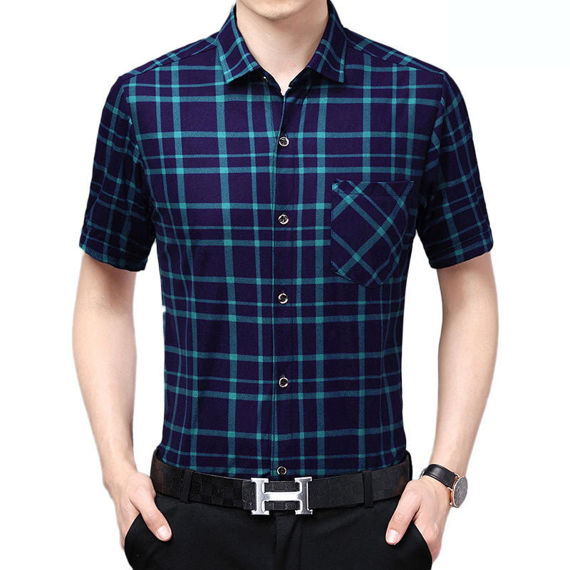 Mens Shirt Plaid Short Sleeve Flip-Cuff Stretch Slim Fit office