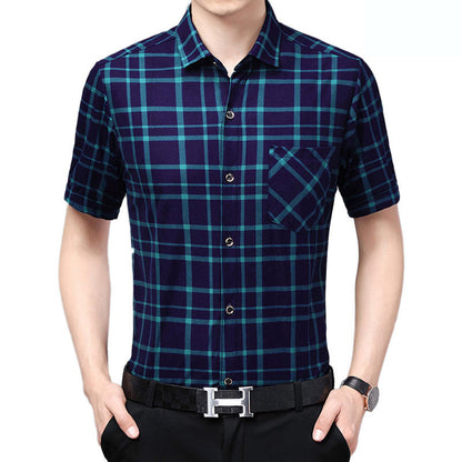 Mens Shirt Plaid Short Sleeve Flip-Cuff Stretch Slim Fit office