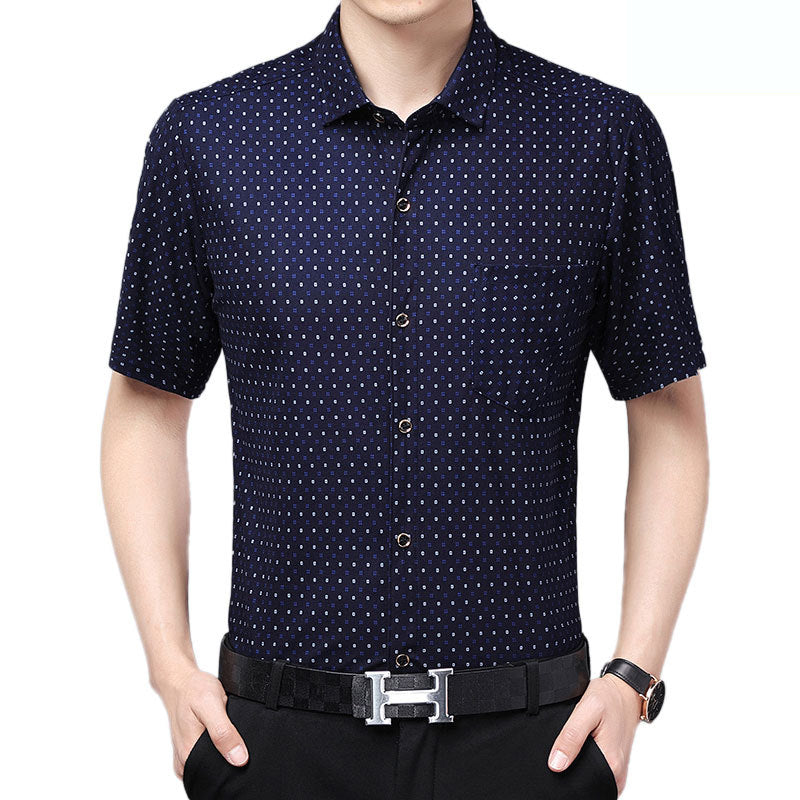 Mens Shirt Plaid Short Sleeve Flip-Cuff Stretch Slim Fit office