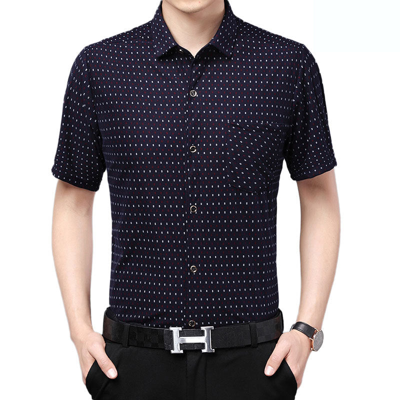 Mens Shirt Plaid Short Sleeve Flip-Cuff Stretch Slim Fit office