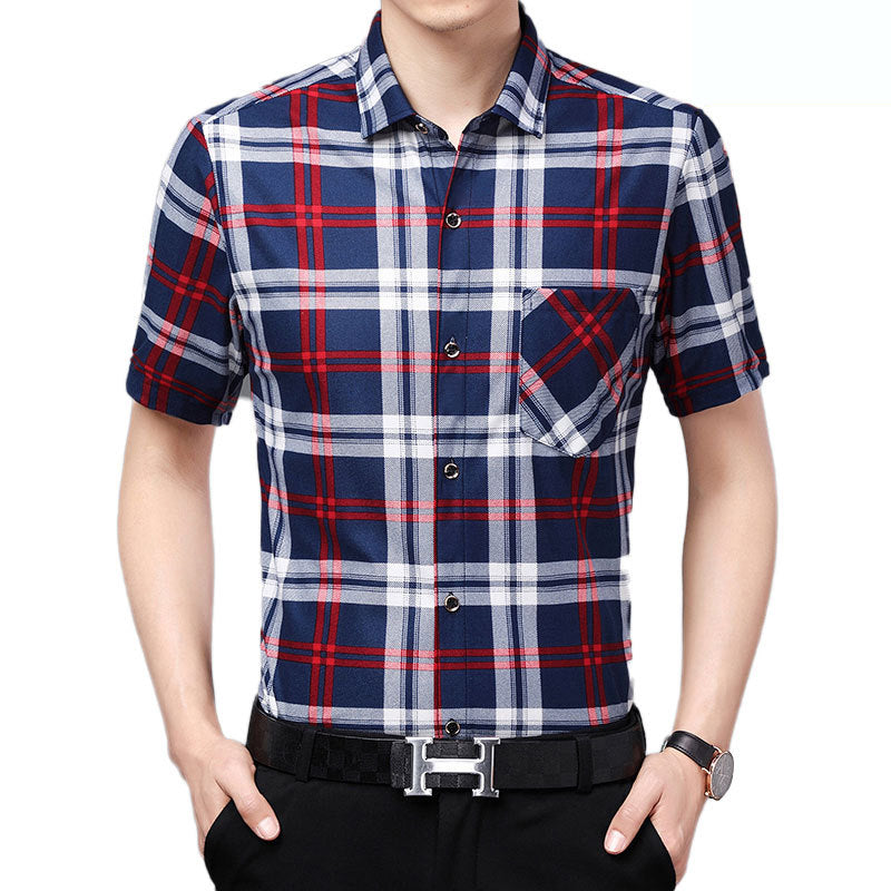 Mens Shirt Plaid Short Sleeve Flip-Cuff Stretch Slim Fit office