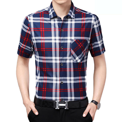 Mens Shirt Plaid Short Sleeve Flip-Cuff Stretch Slim Fit office