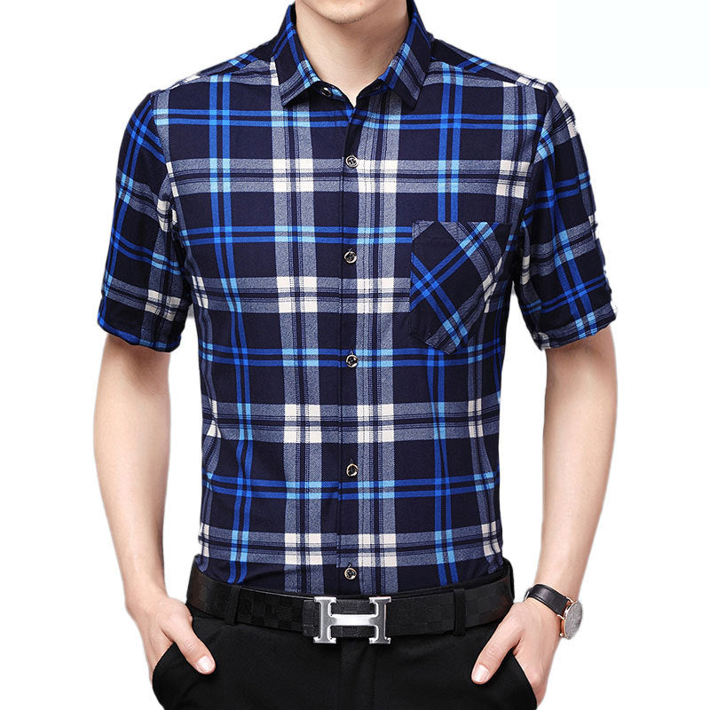 Mens Shirt Plaid Short Sleeve Flip-Cuff Stretch Slim Fit office