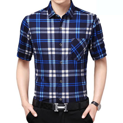 Mens Shirt Plaid Short Sleeve Flip-Cuff Stretch Slim Fit office