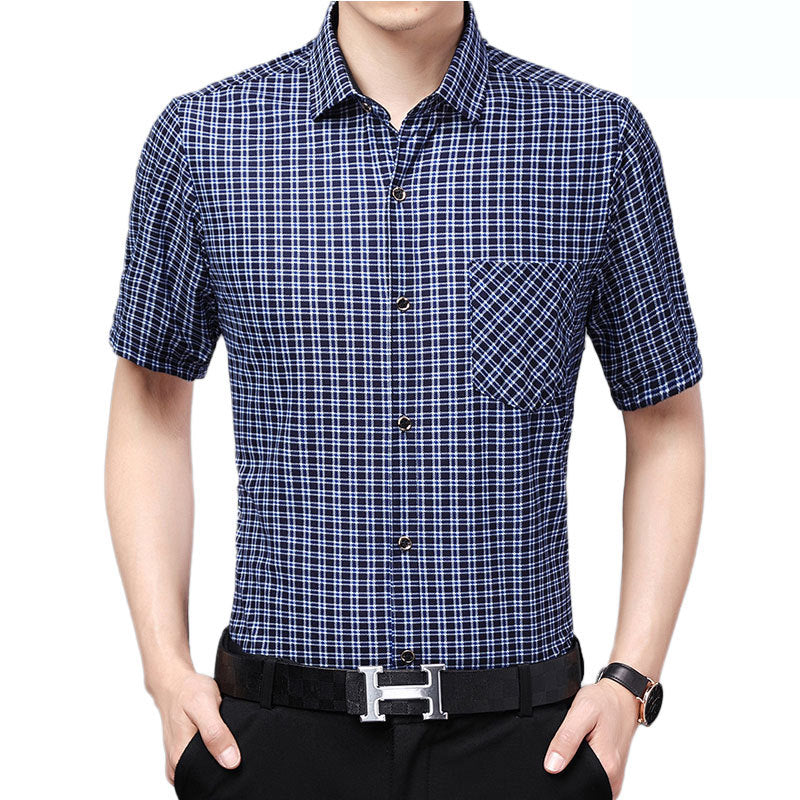 Mens Shirt Plaid Short Sleeve Flip-Cuff Stretch Slim Fit office